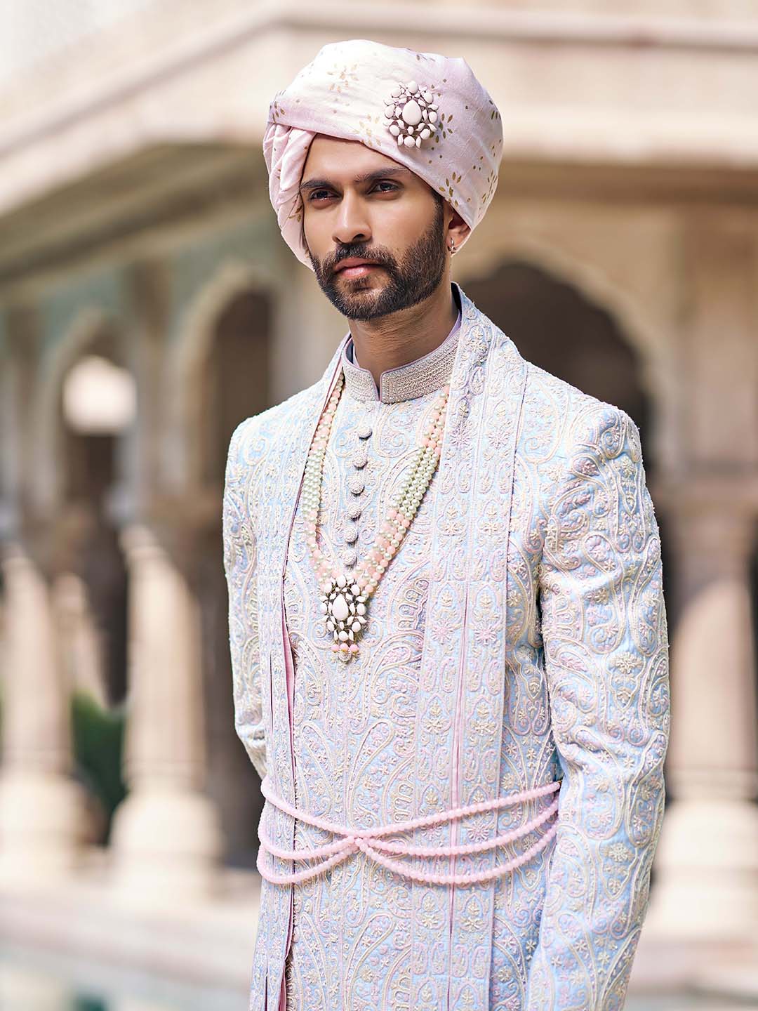 Carnation Blue Embroidered Traditional Sherwani For Men