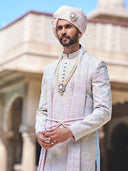 Carnation Blue Embroidered Traditional Sherwani For Men