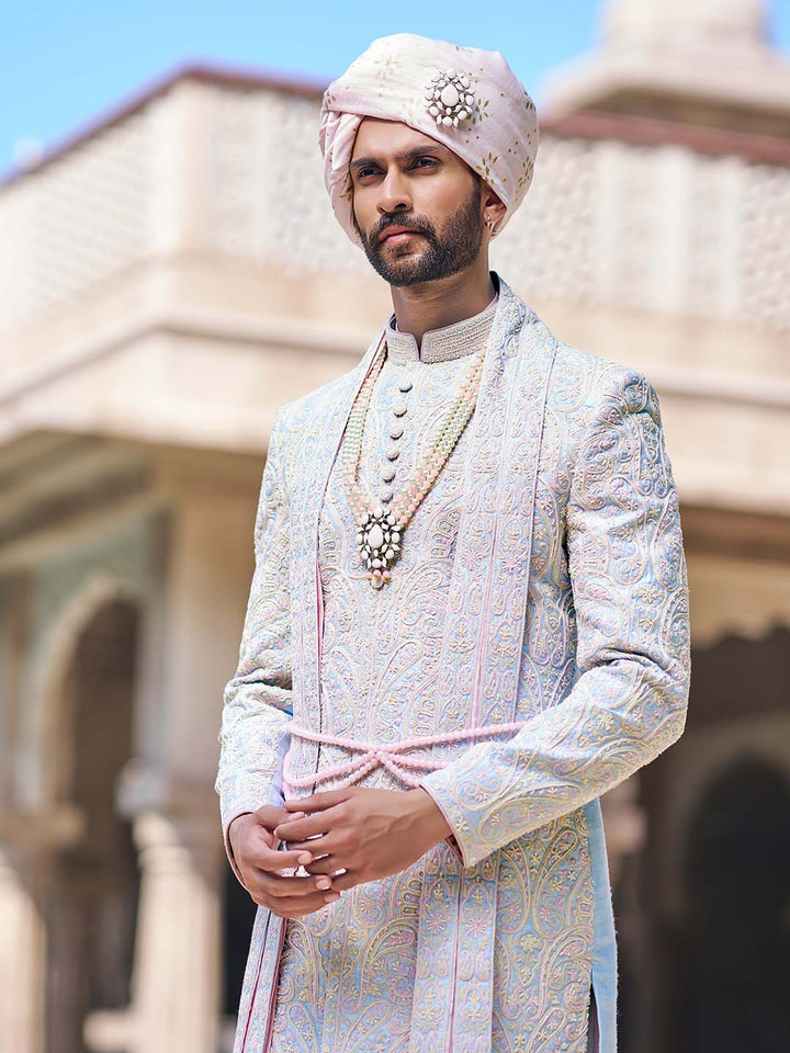 Carnation Blue Embroidered Traditional Sherwani For Men