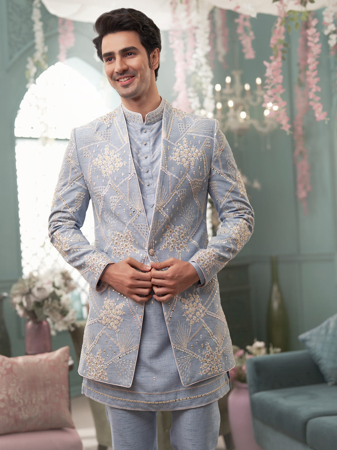 Light Blue Indo-Western Set With Mirror Work and Trouser