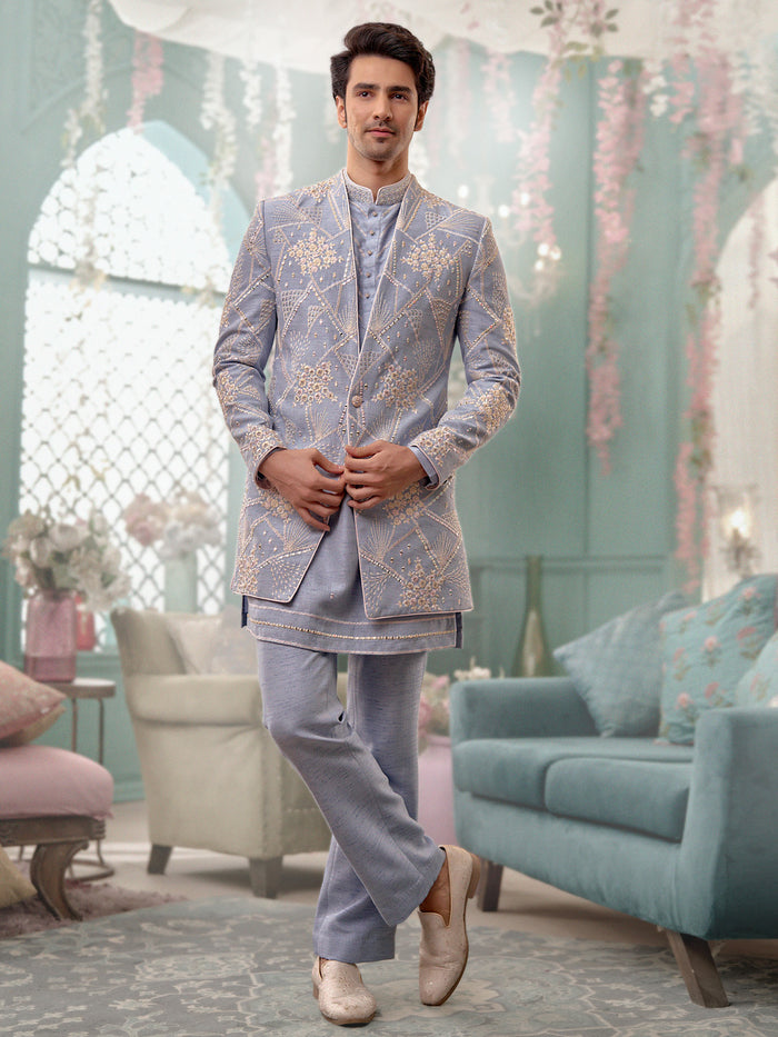 Light Blue Indo-Western Set With Mirror Work and Trouser