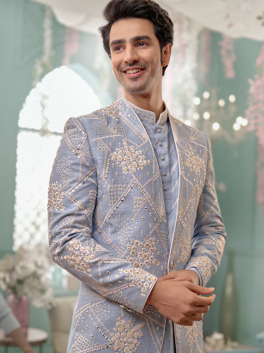 Light Blue Indo-Western Set With Mirror Work and Trouser