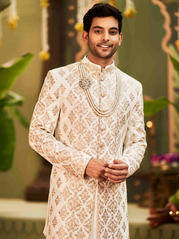 Muhurtham set with Chandan gold zari embroidery on Mid-length Sherwani with Kurta and Dhoti. - KORANM