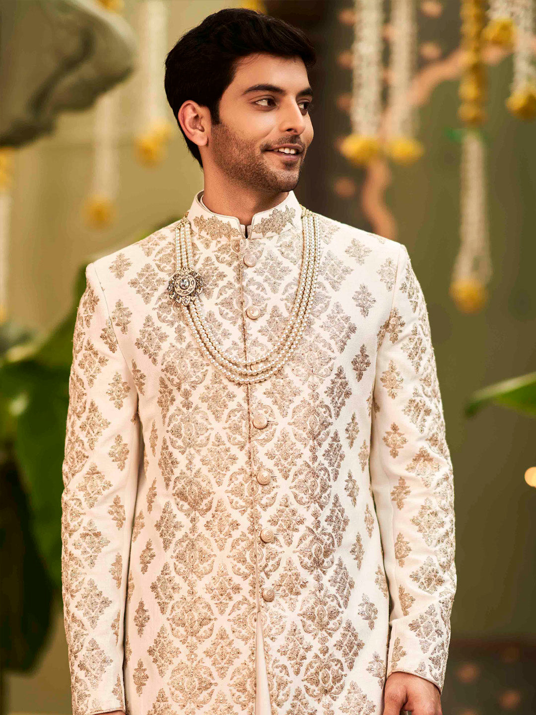 Muhurtham set with Chandan gold zari embroidery on Mid-length Sherwani with Kurta and Dhoti. - KORANM