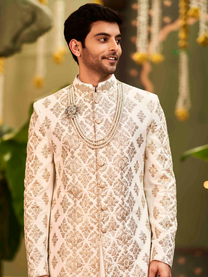 Muhurtham set with Chandan gold zari embroidery on Mid-length Sherwani with Kurta and Dhoti. - KORANM