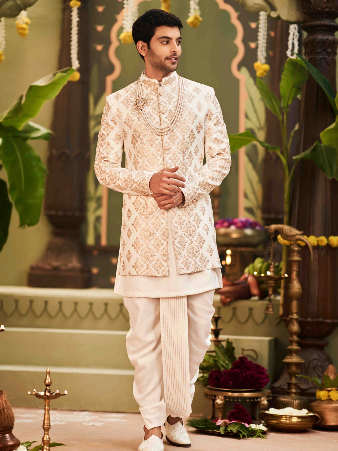 Muhurtham set with Chandan gold zari embroidery on Mid-length Sherwani with Kurta and Dhoti. - KORANM