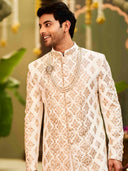 Muhurtham set with Chandan gold zari embroidery on Mid-length Sherwani with Kurta and Dhoti. - KORANM