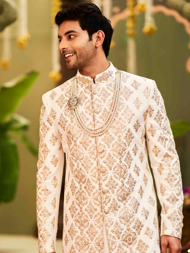 Muhurtham set with Chandan gold zari embroidery on Mid-length Sherwani with Kurta and Dhoti. - KORANM