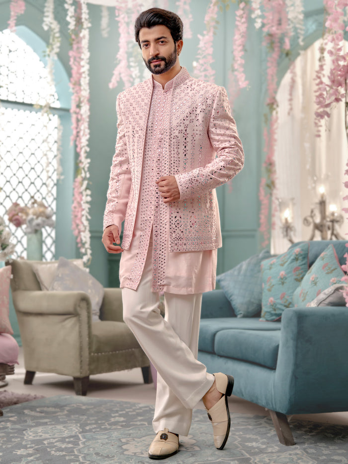 Baby-Pink Indo-Western Set With Mirror Work and Trouser