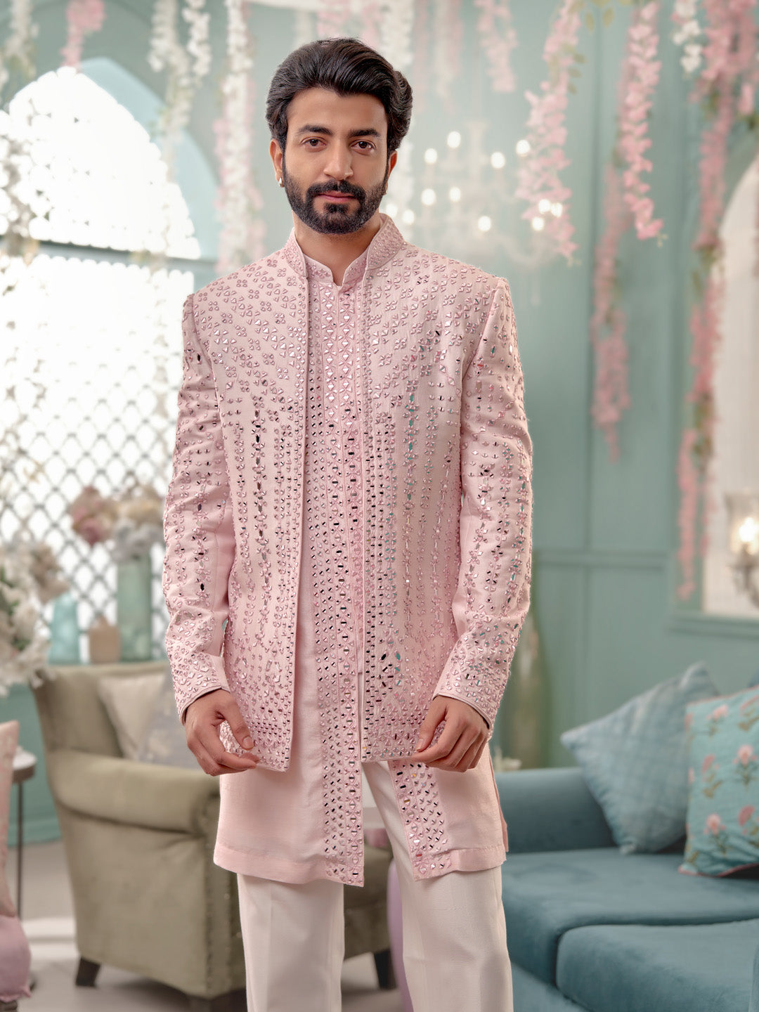 Baby-Pink Indo-Western Set With Mirror Work and Trouser
