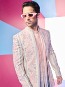 Cream Indo-Western with Embroidered Laser Cut Work and Pant