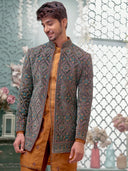 Navy-Mustard Indo-Western with Embroidery Work and Aligadi Pant