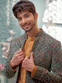 Navy-Mustard Indo-Western with Embroidery Work and Aligadi Pant
