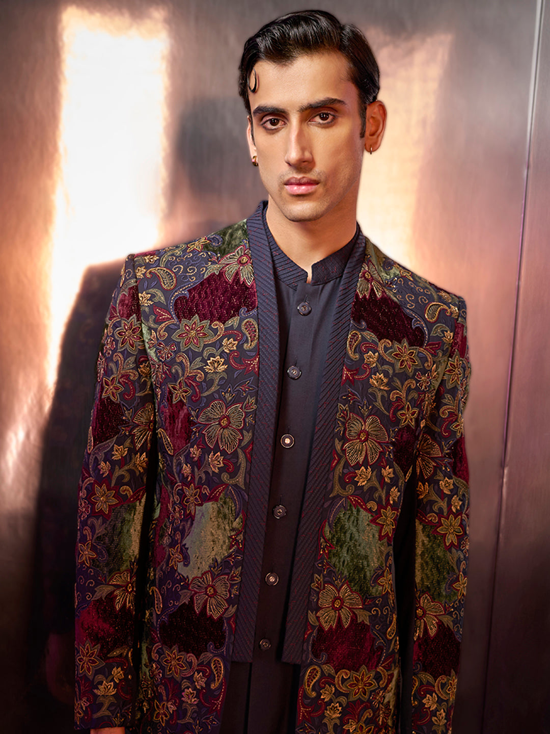 Navy textured silk Indo-Western set with embroidery, kurta, and matching pants.