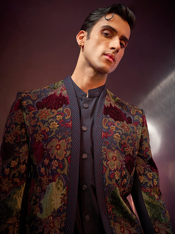 Navy textured silk Indo-Western set with embroidery, kurta, and matching pants.