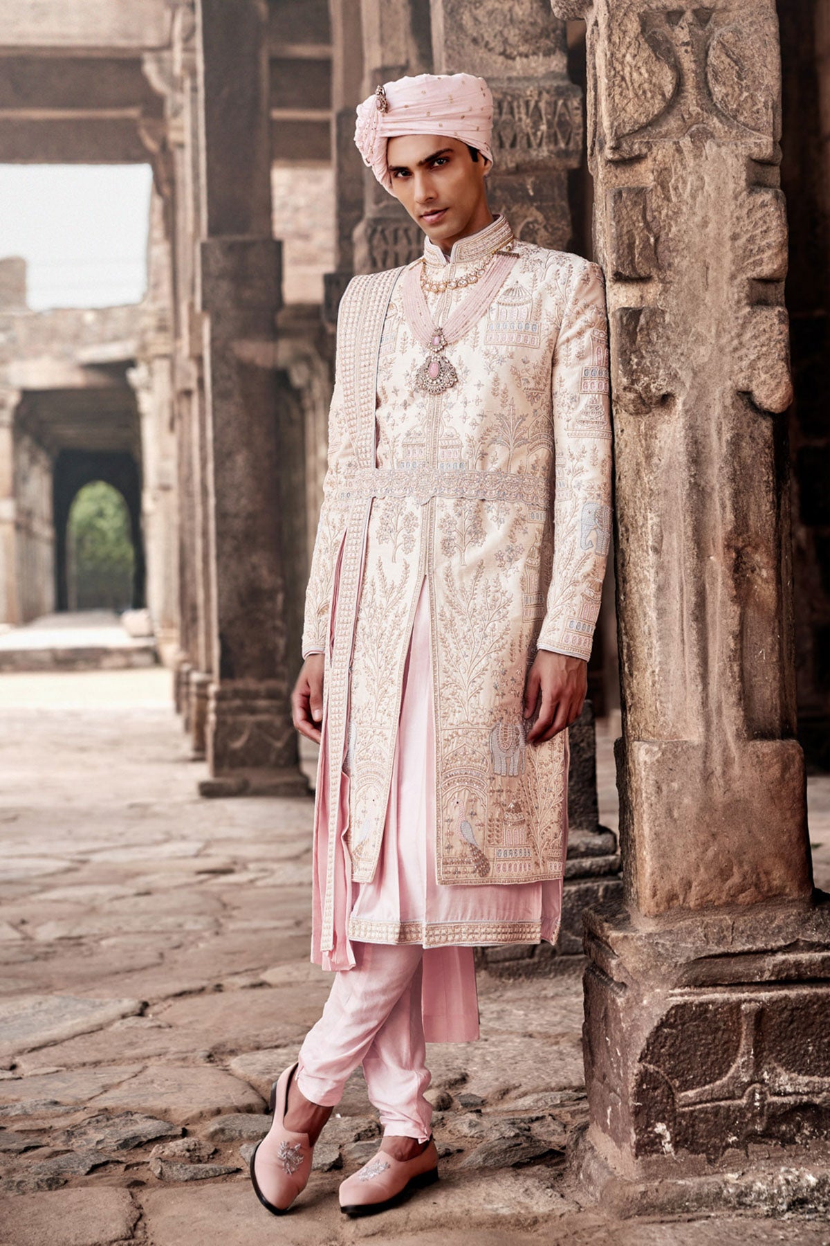 Royal Cream Hand-Embroidered Silk Sherwani Set
