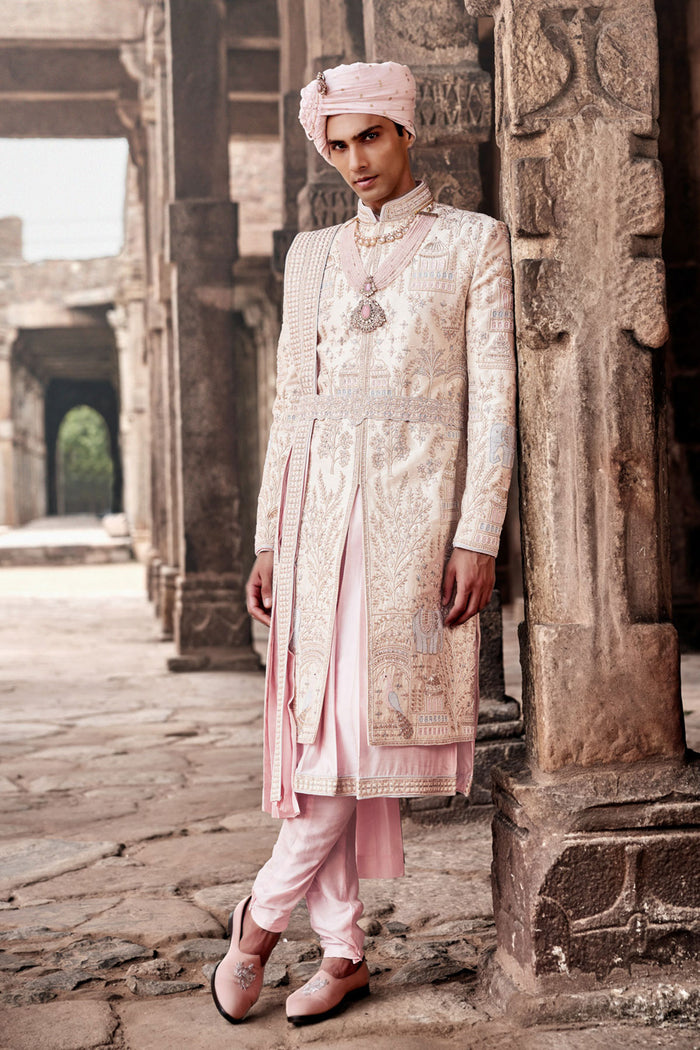 Royal Cream Hand-Embroidered Silk Sherwani Set