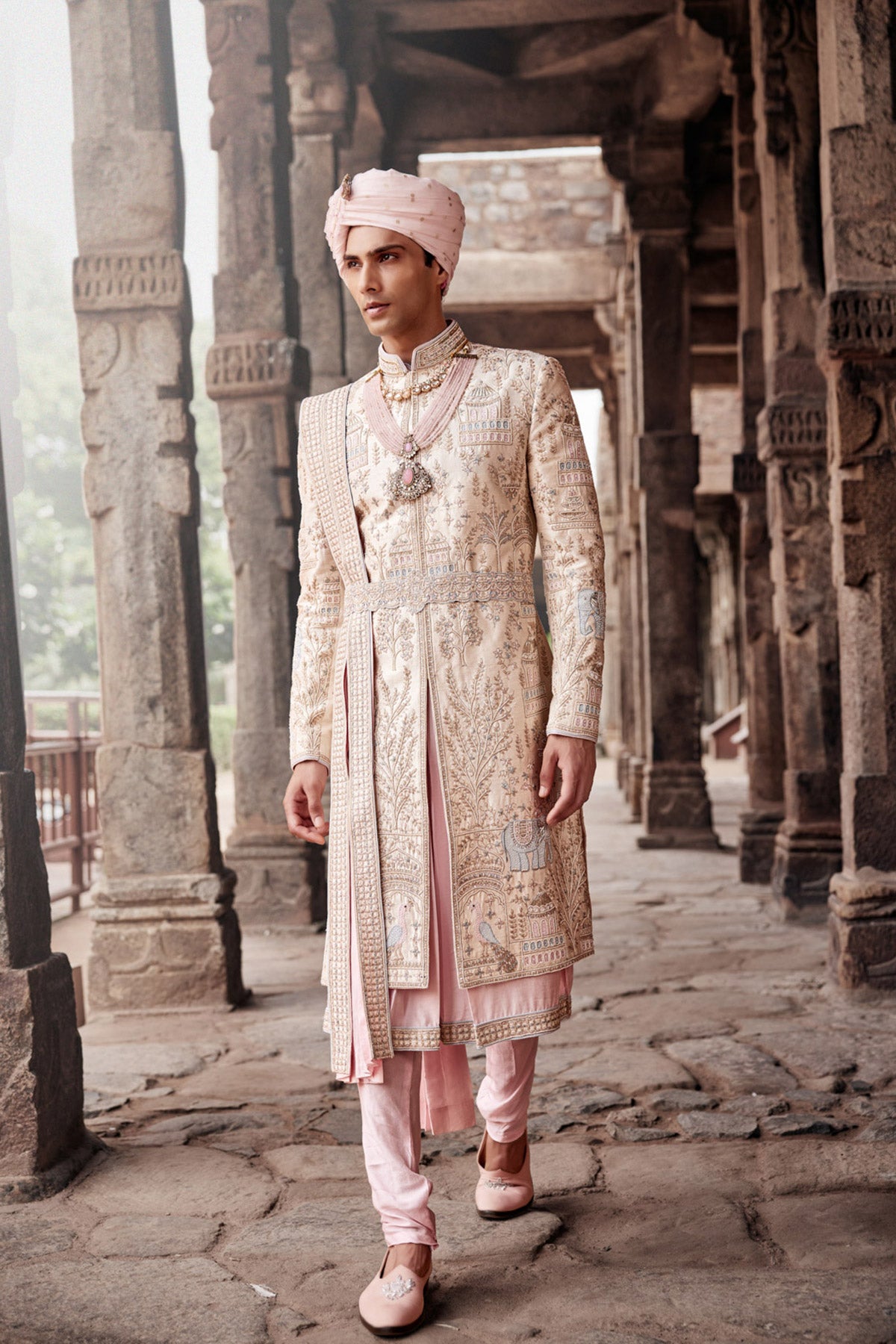 Royal Cream Hand-Embroidered Silk Sherwani Set