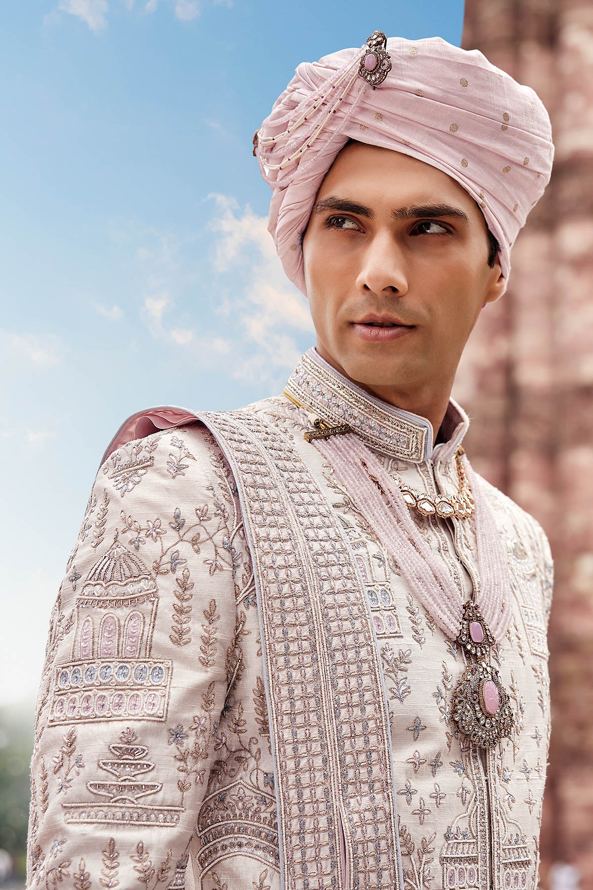 Royal Cream Hand-Embroidered Silk Sherwani Set