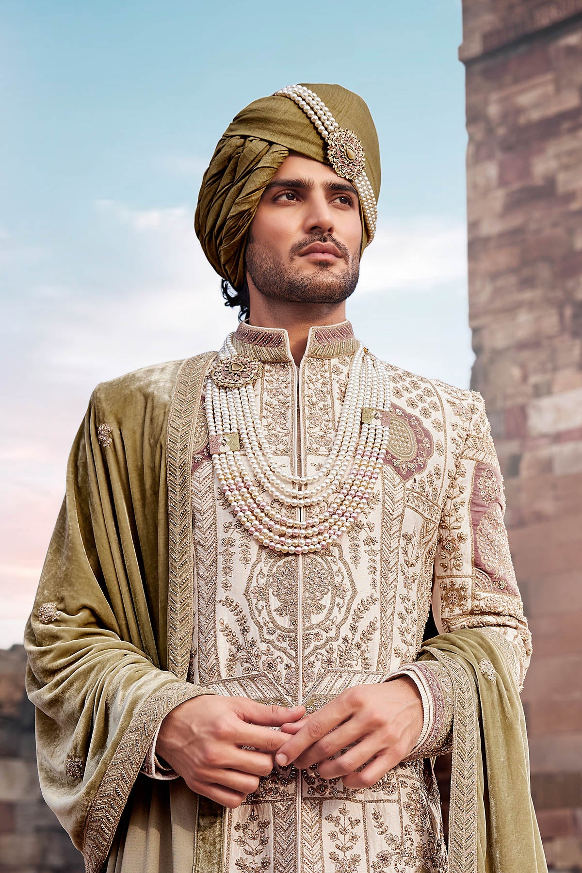 Royal Ivory Hand-Embroidered Silk Sherwani Set