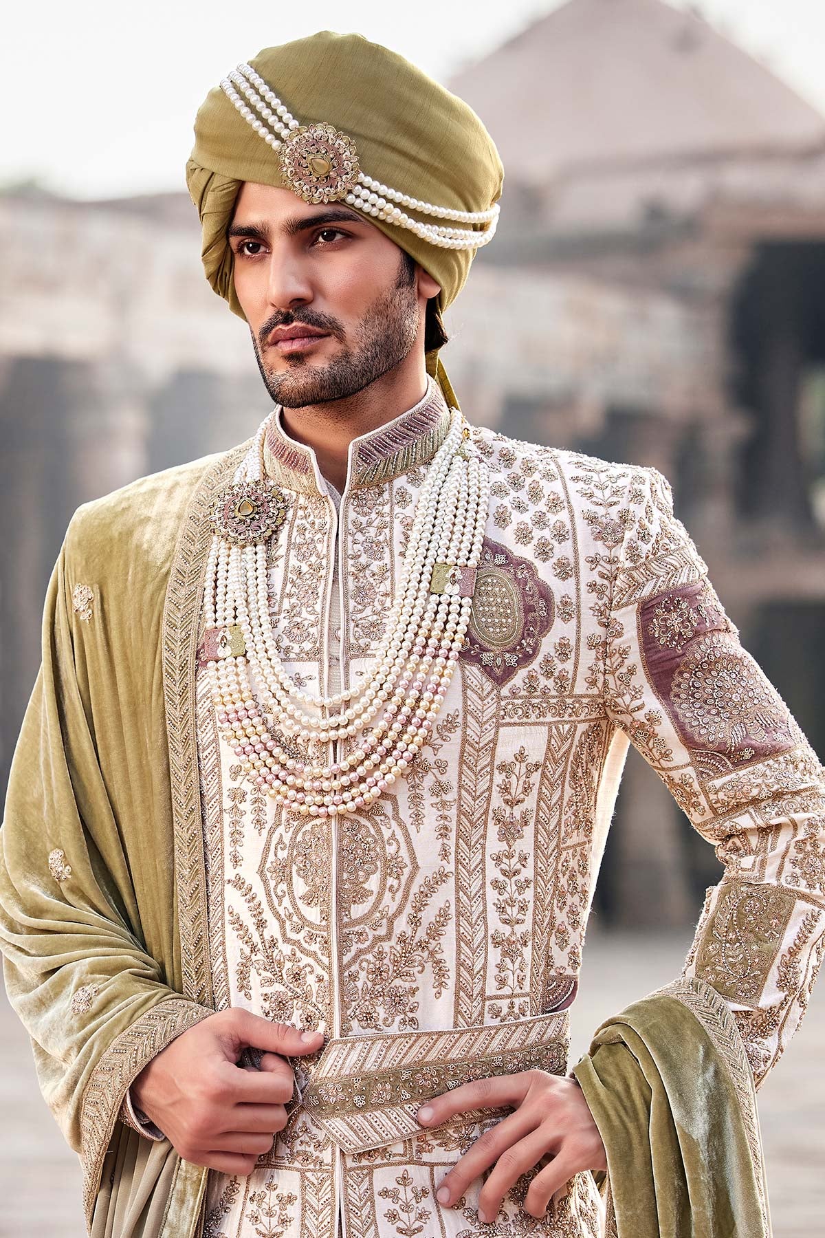 Royal Ivory Hand-Embroidered Silk Sherwani Set