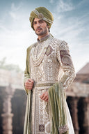 Royal Ivory Hand-Embroidered Silk Sherwani Set