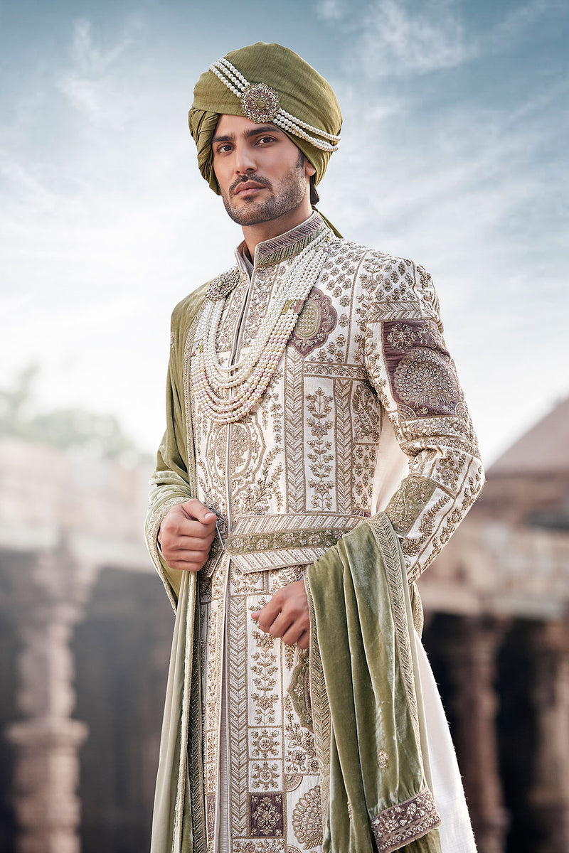 Royal Ivory Hand-Embroidered Silk Sherwani Set
