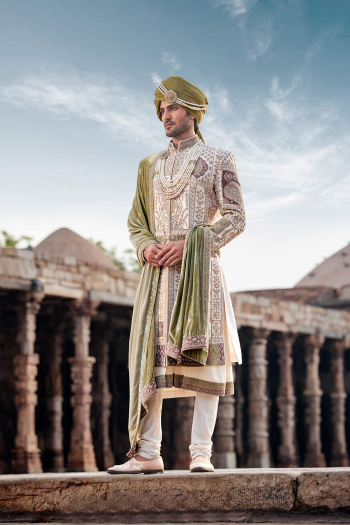 Royal Ivory Hand-Embroidered Silk Sherwani Set