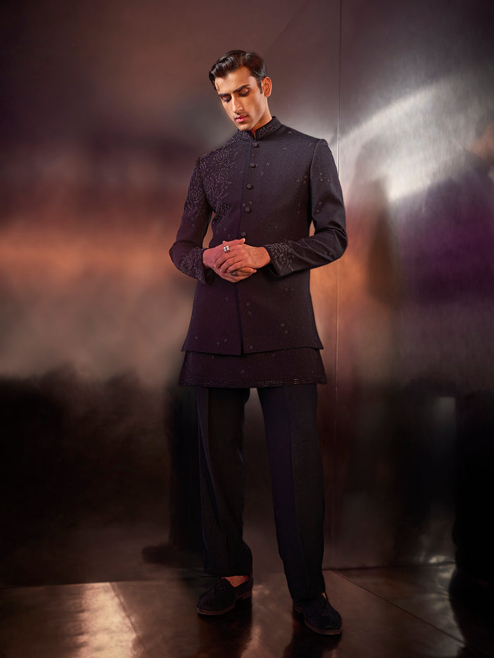 Grey Prabal fabric Indo-Western with embroidery, kurta, and matching pants.