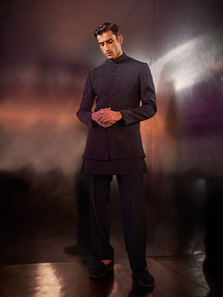 Grey Prabal fabric Indo-Western with embroidery, kurta, and matching pants.