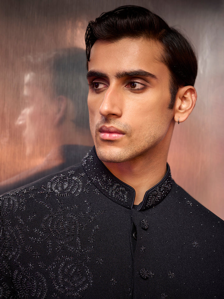 Grey Prabal fabric Indo-Western with embroidery, kurta, and matching pants.