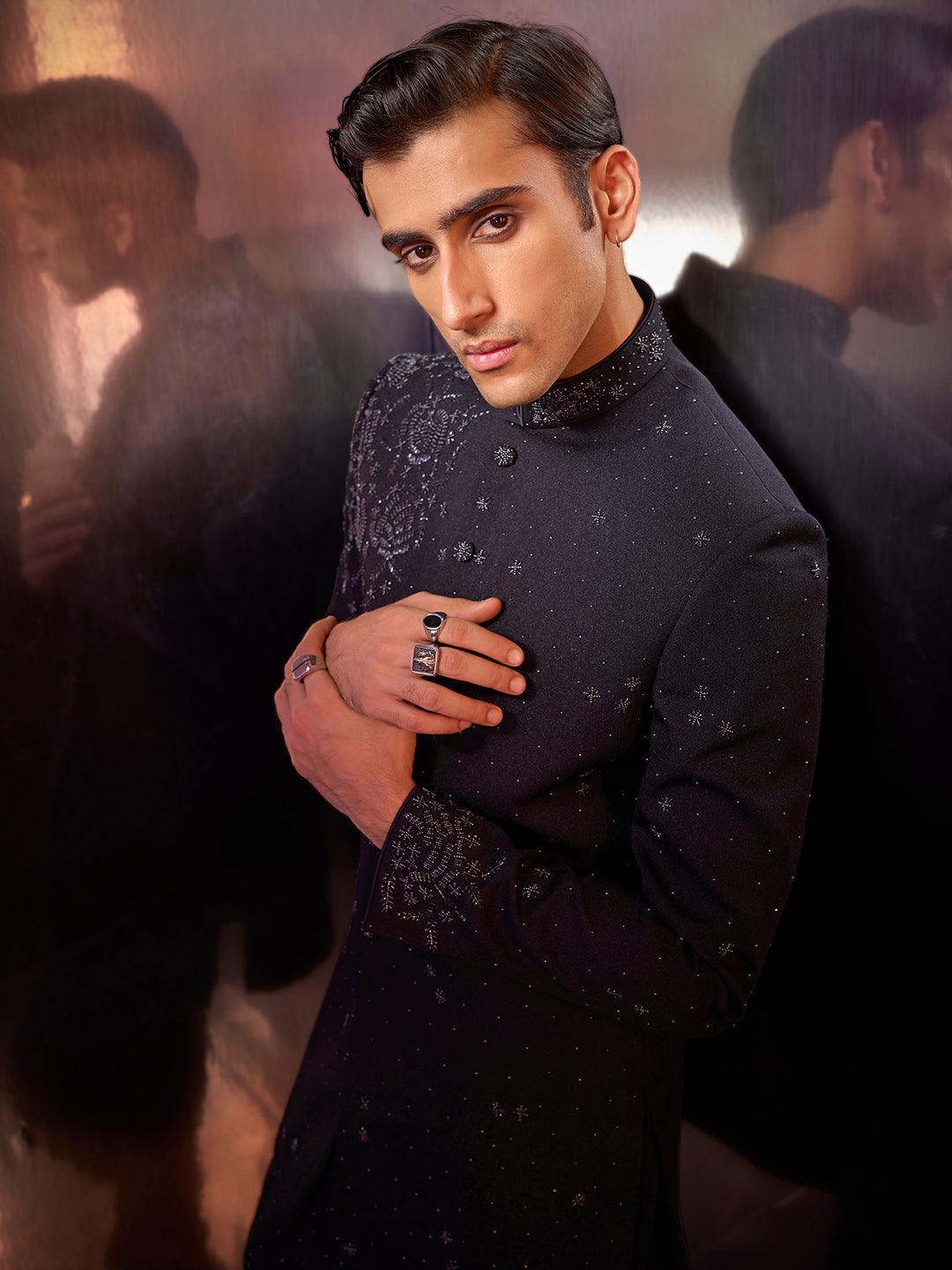 Grey Prabal fabric Indo-Western with embroidery, kurta, and matching pants.