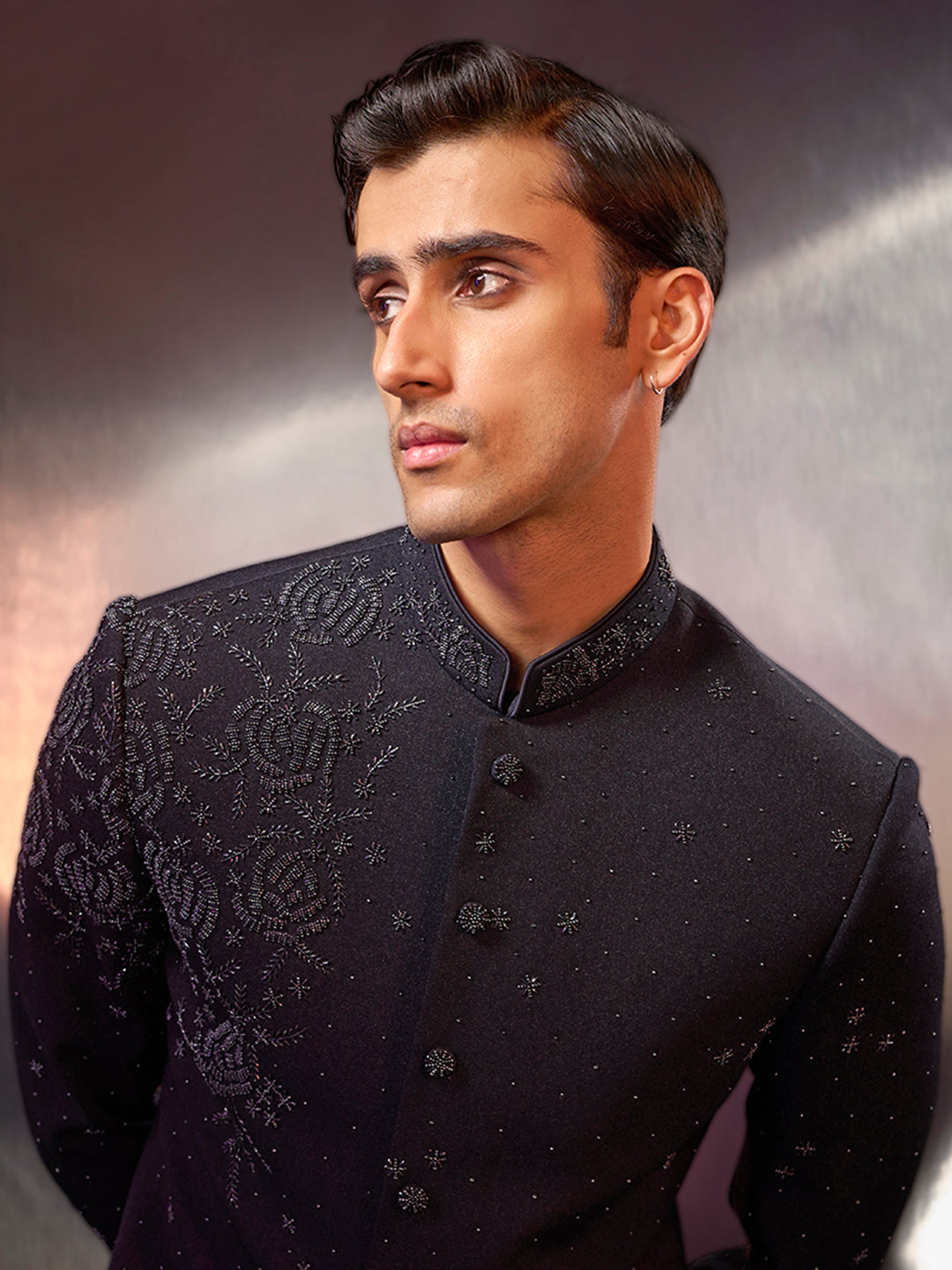Grey Prabal fabric Indo-Western with embroidery, kurta, and matching pants.
