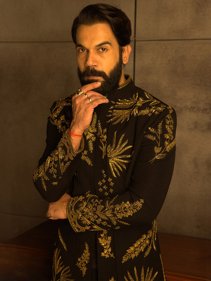 Black Indowestern with Gold Zardozi Embroidery Paired with a Black Aligadi Pant.