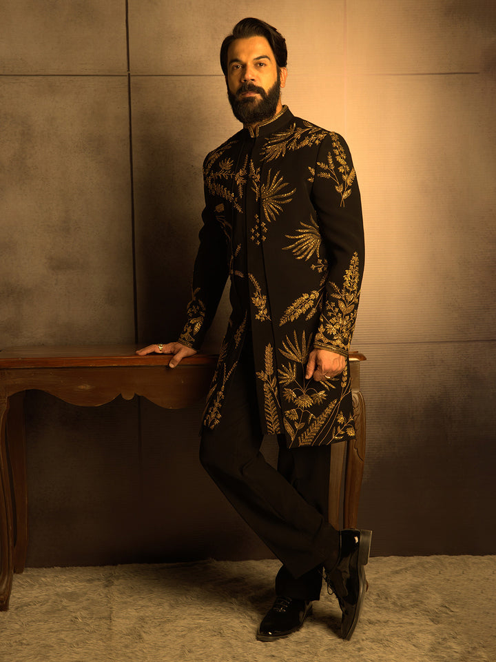 Black Indowestern with Gold Zardozi Embroidery Paired with a Black Aligadi Pant.