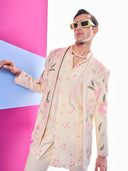 Cream Jodhpuri Sets Embroidered Colorful Thread Work with Kurta and Pant