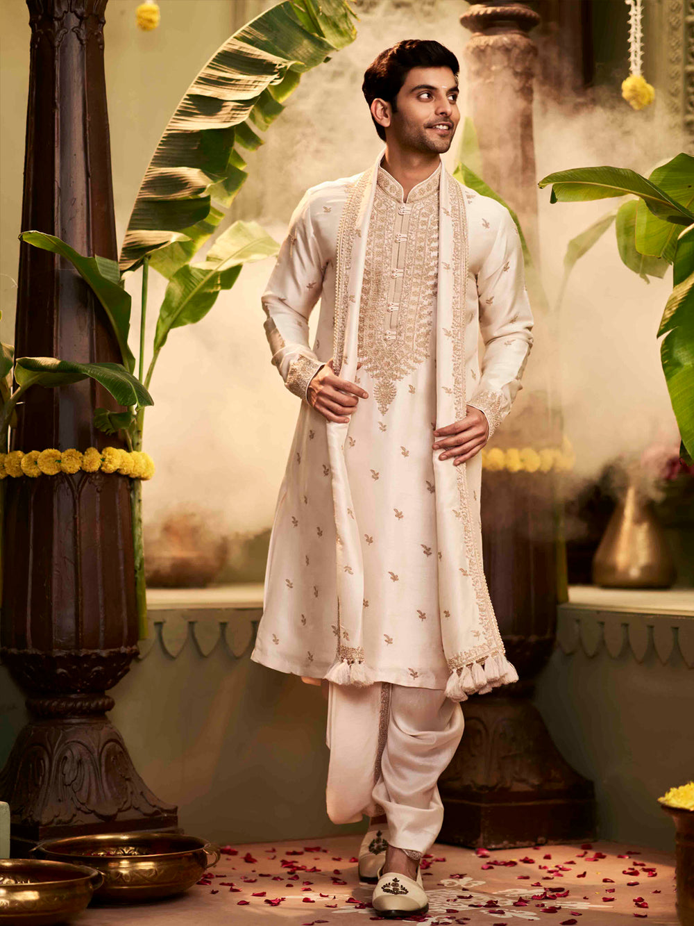 Muhurtham set with zardozi work embroidery on Kurta, Stole, and Dhoti - KORANM
