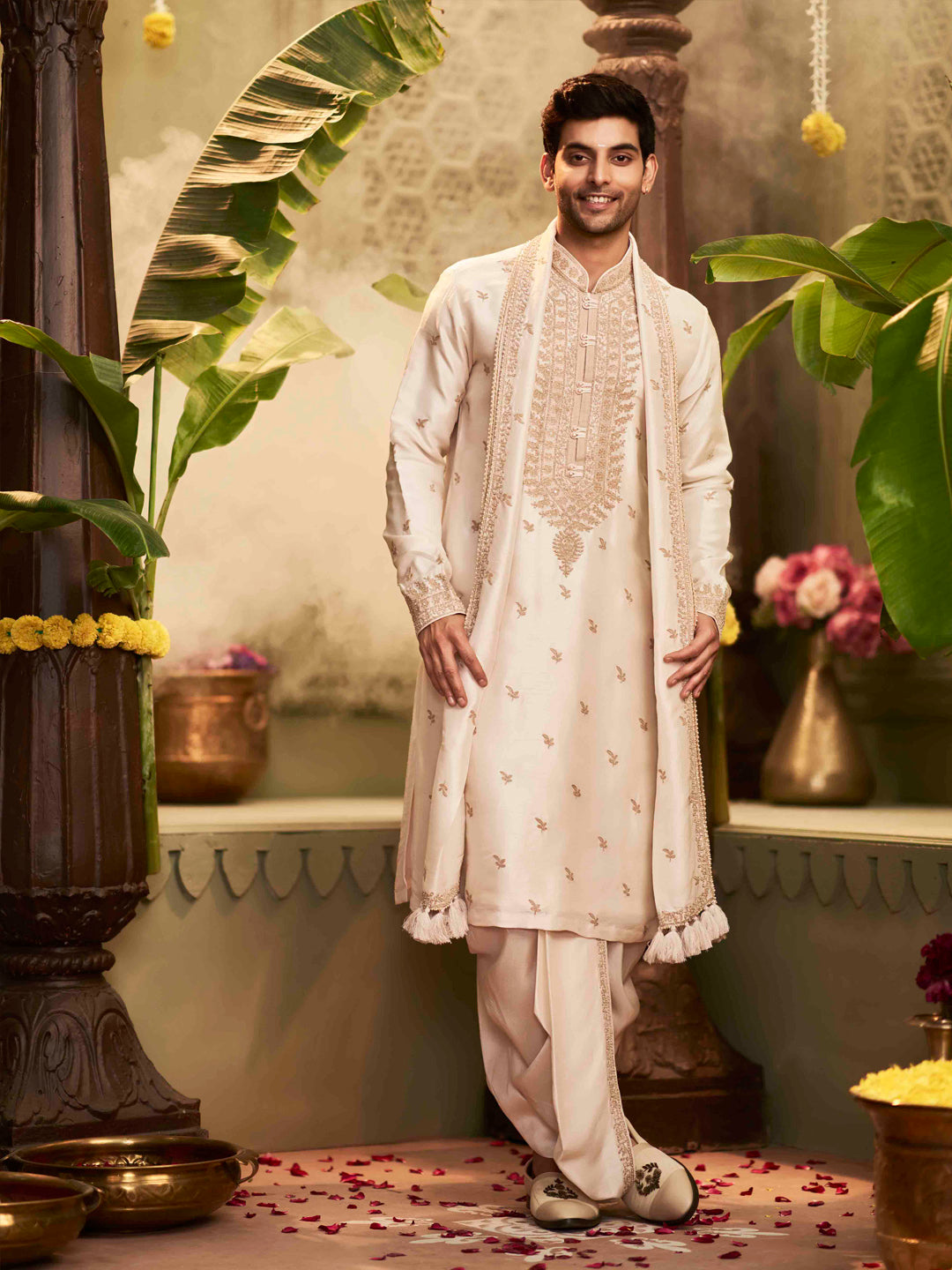 Muhurtham set with zardozi work embroidery on Kurta, Stole, and Dhoti - KORANM
