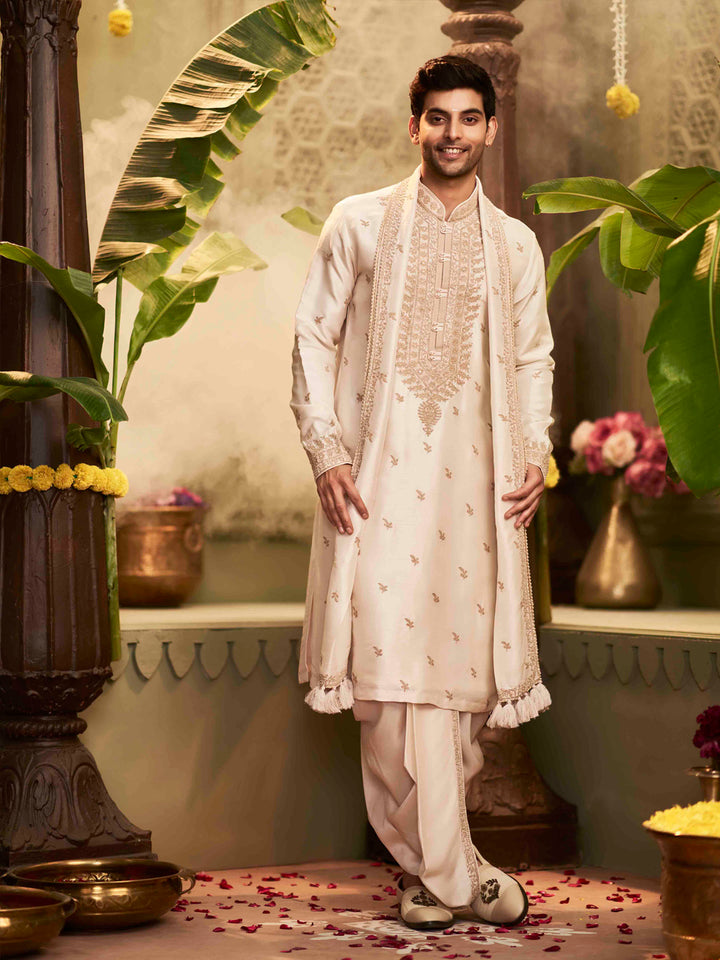 Muhurtham set with zardozi work embroidery on Kurta, Stole, and Dhoti - KORANM