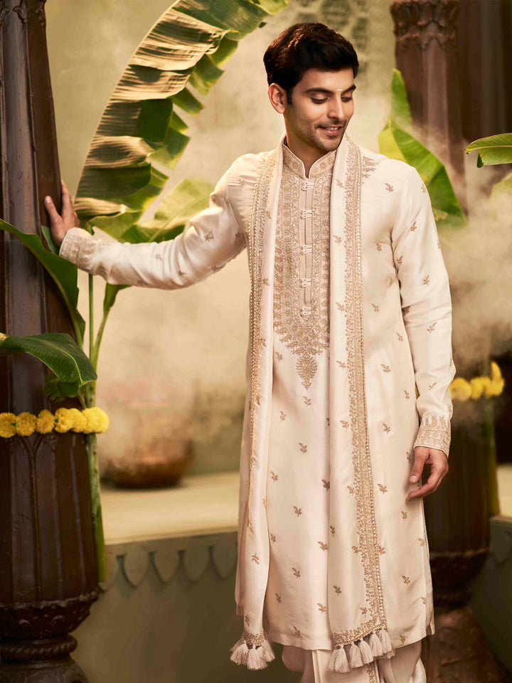 Muhurtham set with zardozi work embroidery on Kurta, Stole, and Dhoti - KORANM