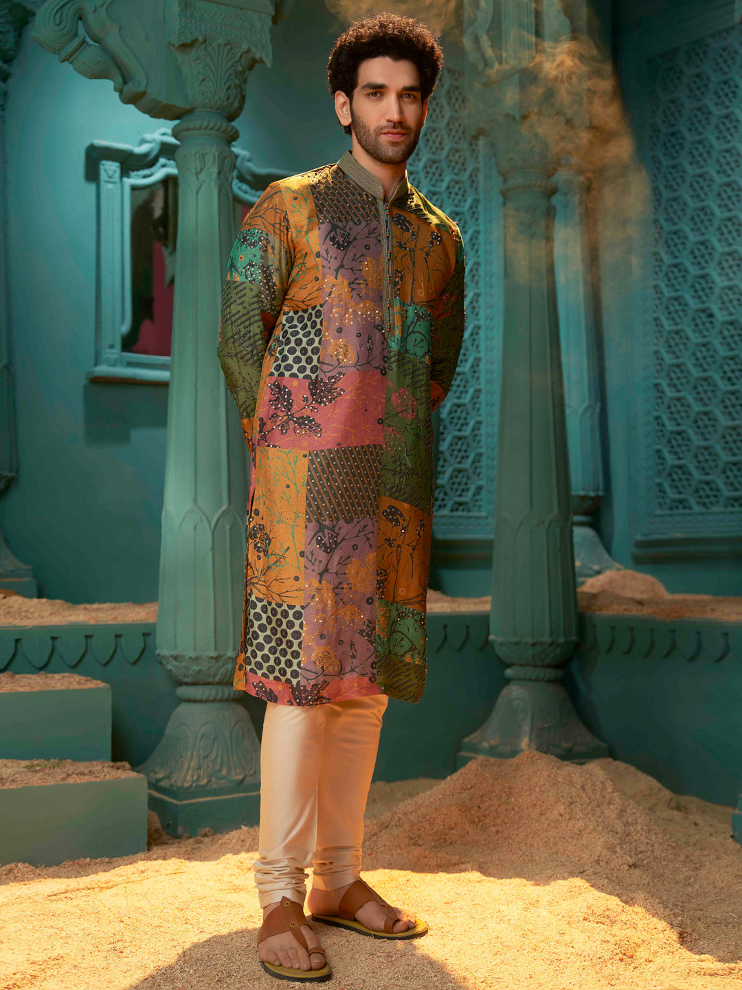 Mustard Kurta with Natural Churidar Pant for Men