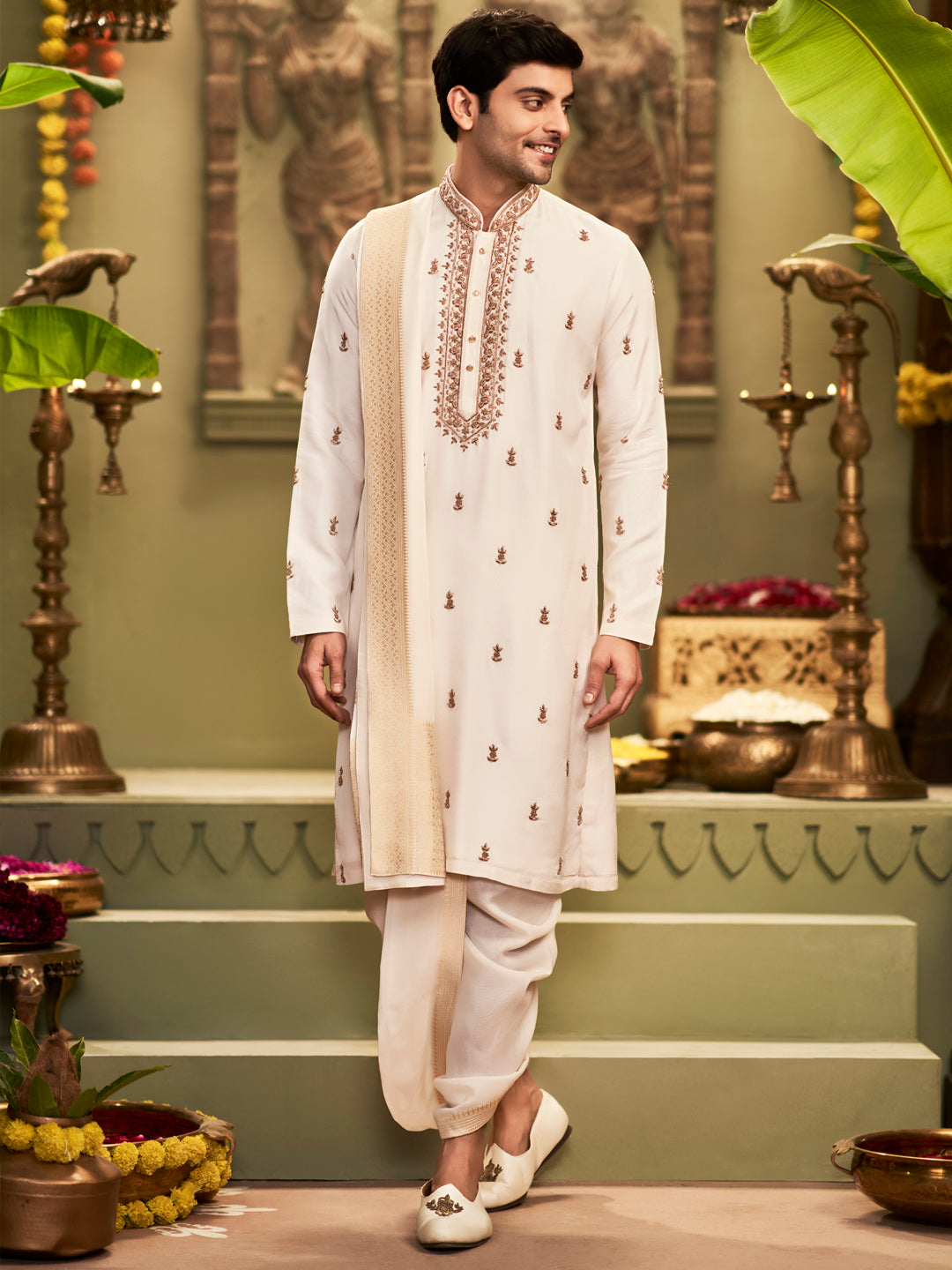 Muhurtham set with antic zardozi work on Kurta Dupatta, and Dhoti