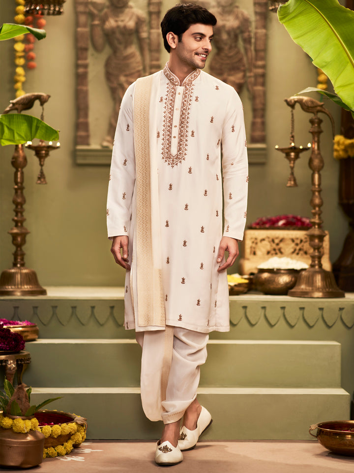 Muhurtham set with antic zardozi work on Kurta Dupatta, and Dhoti