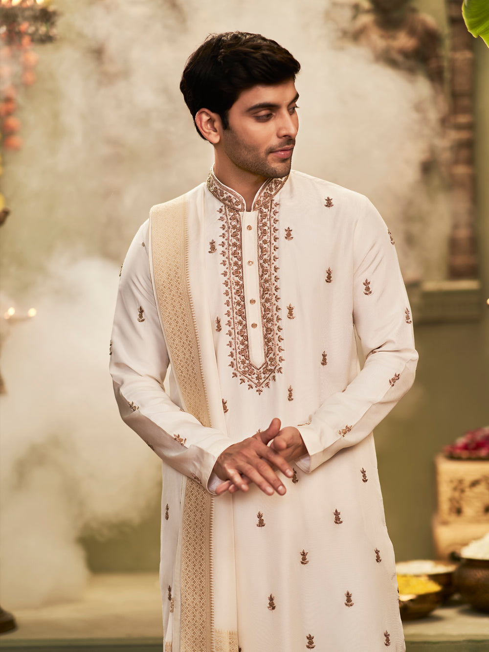 Muhurtham set with antic zardozi work on Kurta Dupatta, and Dhoti - KORANM