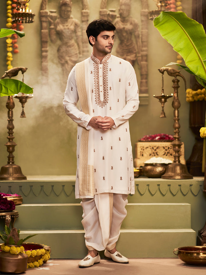 Muhurtham set with antic zardozi work on Kurta Dupatta, and Dhoti - KORANM