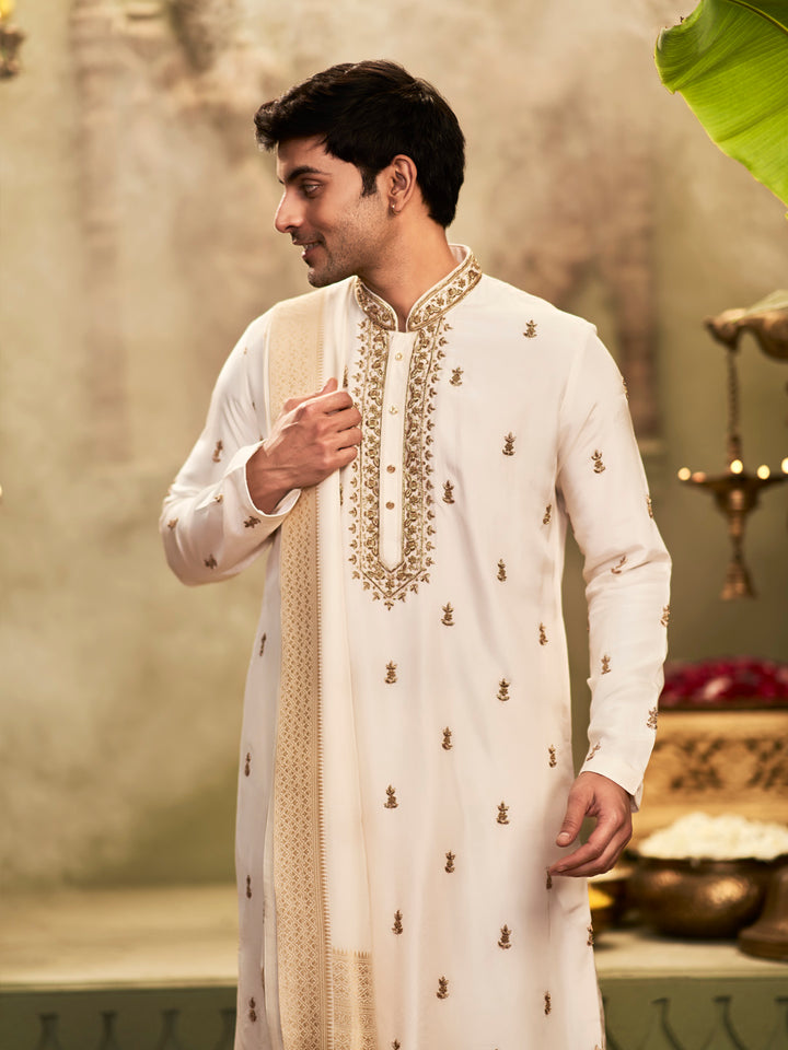 Muhurtham set with antic zardozi work on Kurta Dupatta, and Dhoti - KORANM