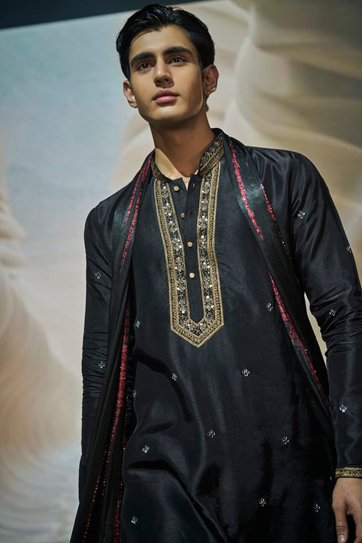 Black Silk Kurta and Dupatta Set with Highlight Embroidery
