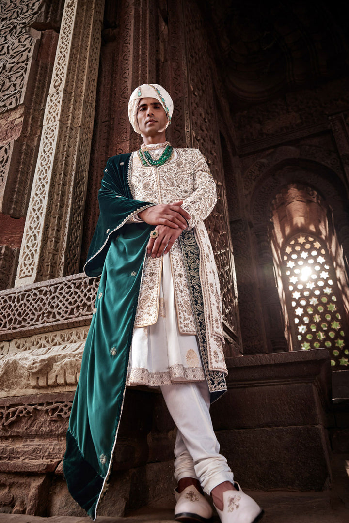 Royal Cream Hand-Embroidered Anghrakha Sherwani Set