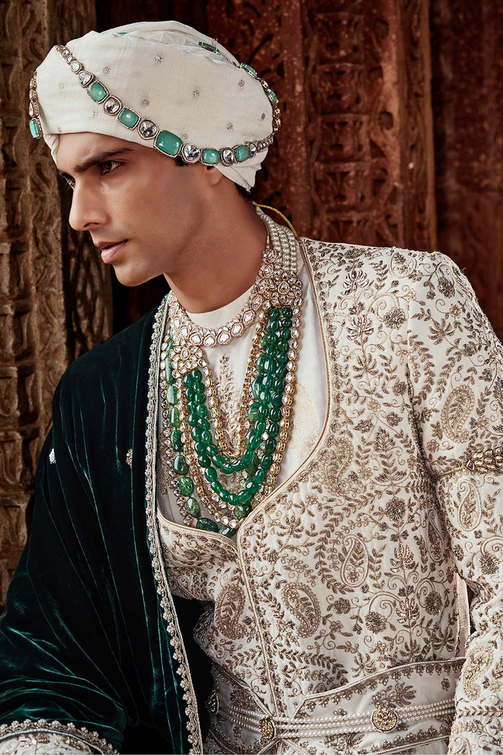 Royal Cream Hand-Embroidered Anghrakha Sherwani Set