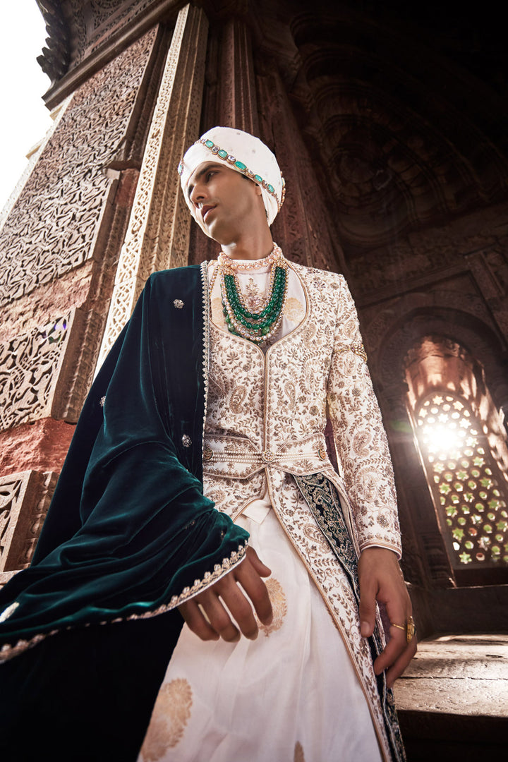 Royal Cream Hand-Embroidered Anghrakha Sherwani Set